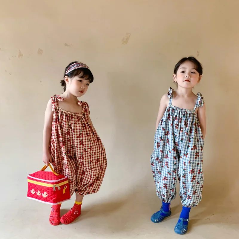 Summer Casual Baby Girls Loose Floral Plaid Sleeveless Strapped Bodysuits Kids Lovely Slip Jumpsuits Children Outfits 2-8 Years