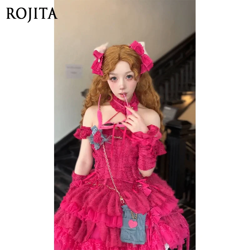 

Denim Patchwork Pink Camisole Top and Skirt Set Sweet Girl Gothic Lolita Kawaii Outfit Including Sleeves and Neck Accessories