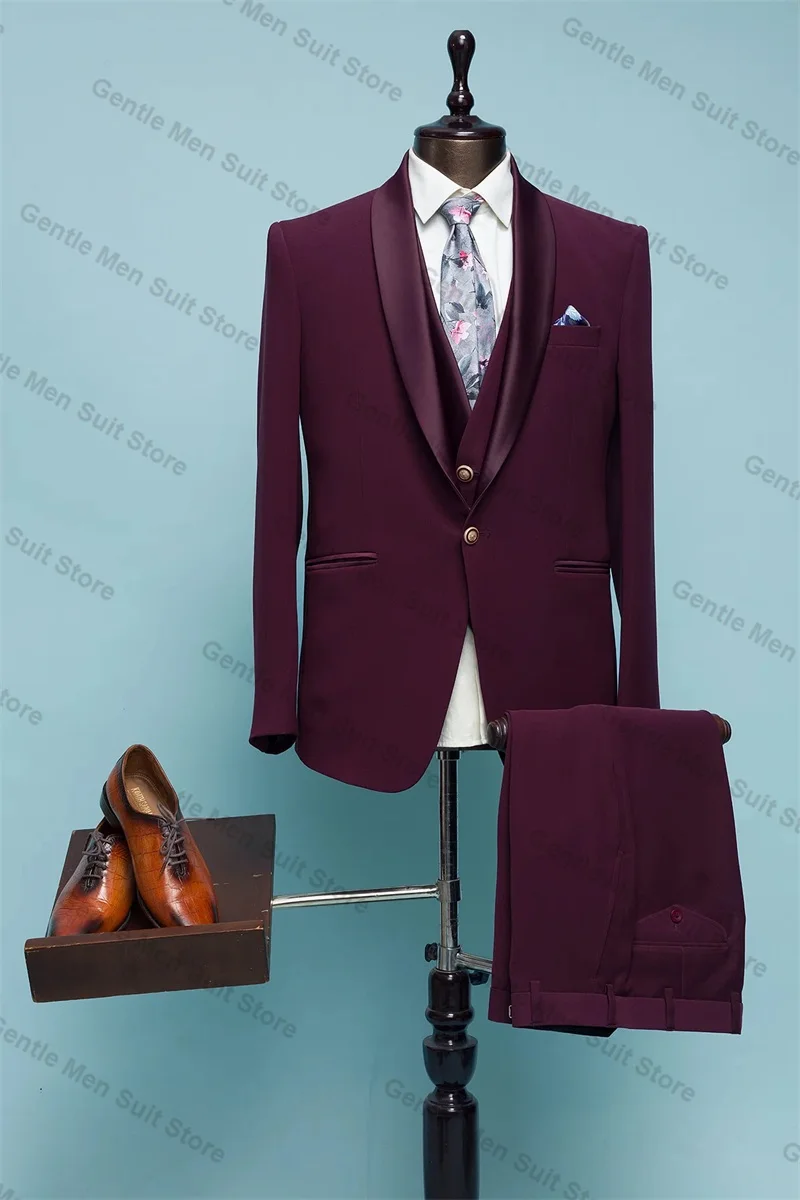 Burgundy Men Suits Set Cotton 2 Piece Blazer+Pants Luxury Red Carpet Prom Groom Wedding Tuxedo Coat Custom Made Jacket Trousers