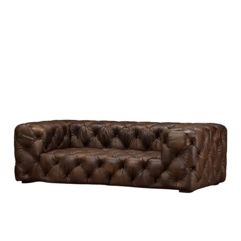 Italian modern light luxury French rural retro solid wood furniture pull button wax oil leather sofa