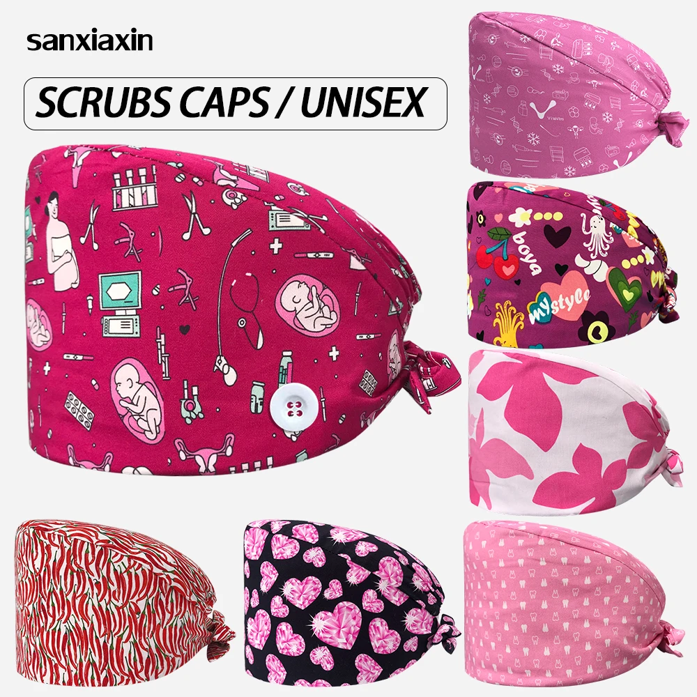 

Women's Print Work Hat Surgical Scrubs Cap Adjustable Bandage Nurse Hat Medical Nursing Cap Cartoon Flower Doctor Hat Wholesale