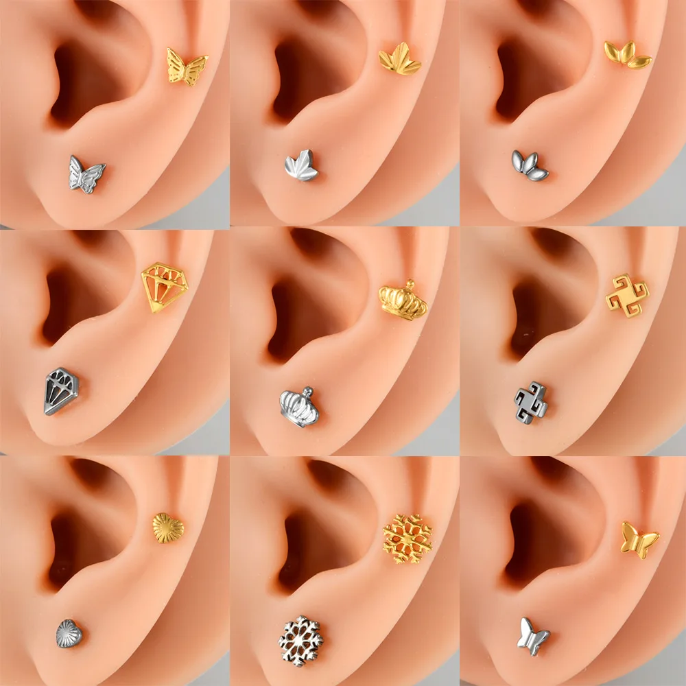 1 pieza ASTM F136 G23 Piercing de titanio Labret Stud mariposa corazón hilo interno labio pendientes hélice cartílago Piercing joyería