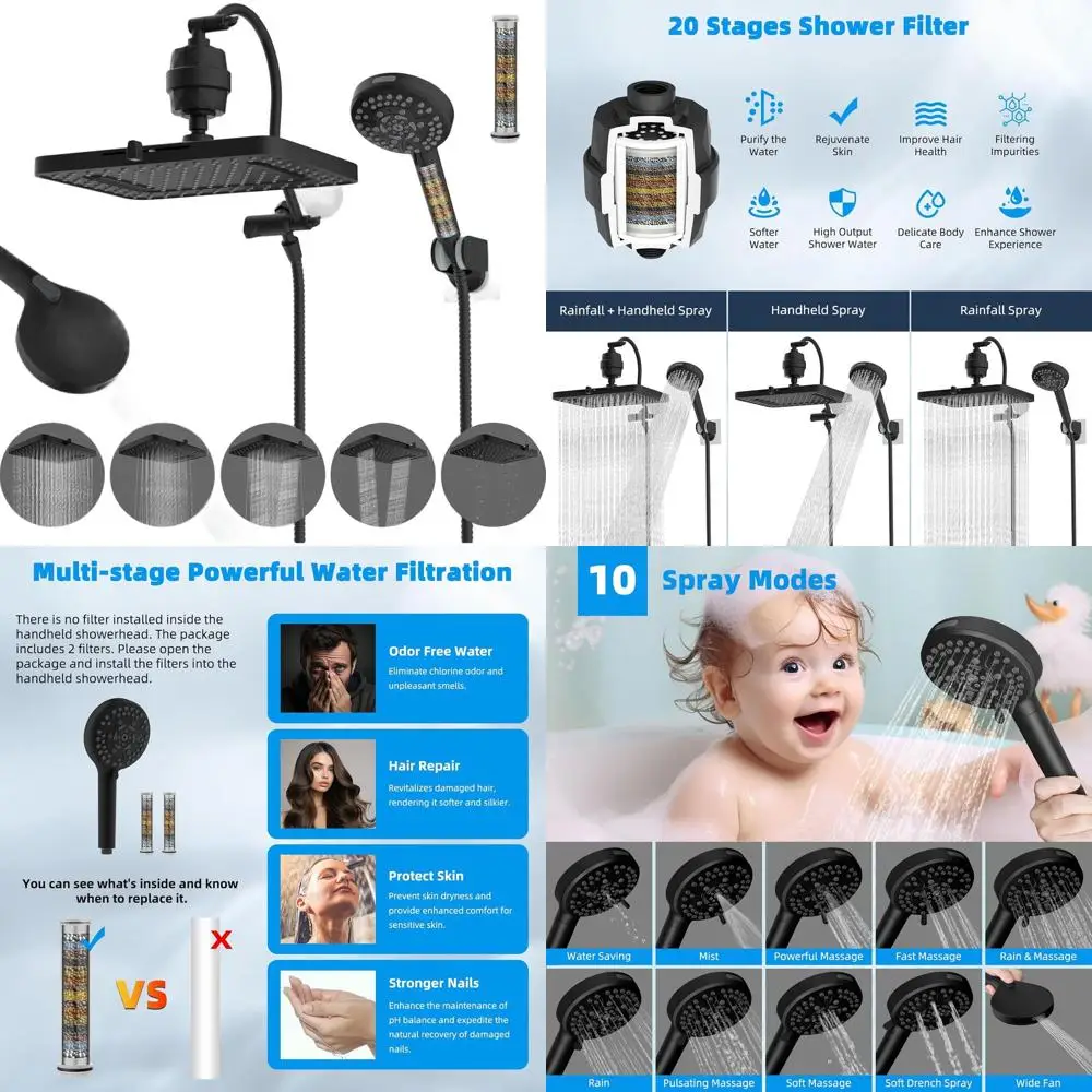 13 Dual Filter Shower Head with 10-Setting Handheld, 12 Extension Arm, 20-Stage Filter, 71 Hose, Matte Black