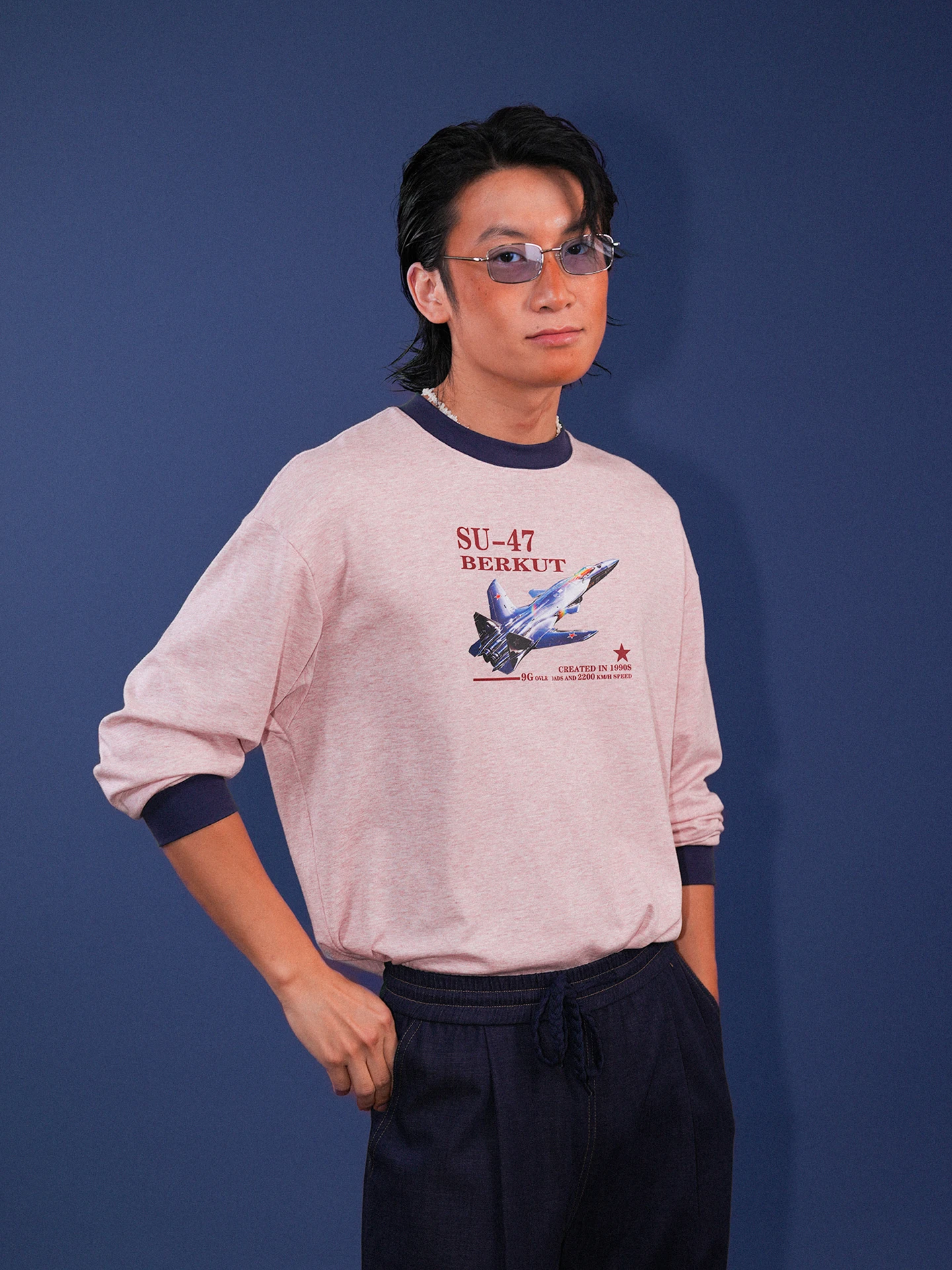 O3PARK Modal Long Sleeve T-Shirt Quick Dry Vintage Color Block Fighter Jet Print Loose Fit Youthful Style Summer Autumn New