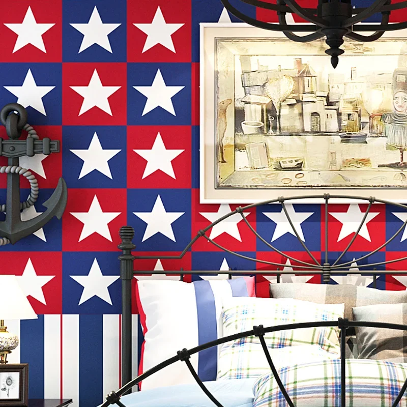 British Style Mediterranean Children's Room AB Version Five-Pointed Stars Vertical Stripes Wallpaper Boy Background Wallpaper
