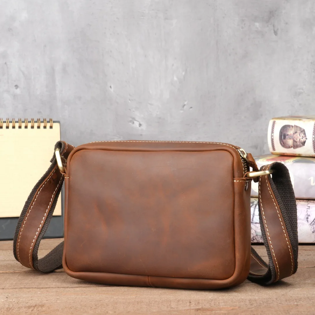 Men’s Retro Oil Wax Crazy Horse Leather Small Crossbody Bag Brown Square Shape Adjustable Wide Strap Casual Travel Sling Bag