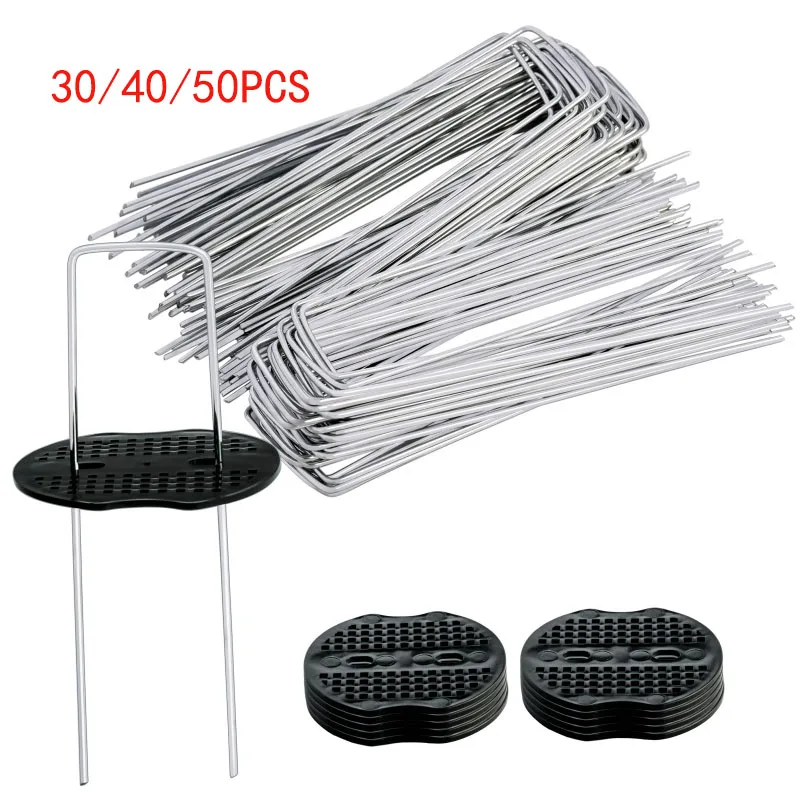 30/40/50pcs Garden Pegs U-shaped Ground Pegs Heavy Duty Metal Pins Spikes Ground Staple with Buffer Washers for Securing Weed