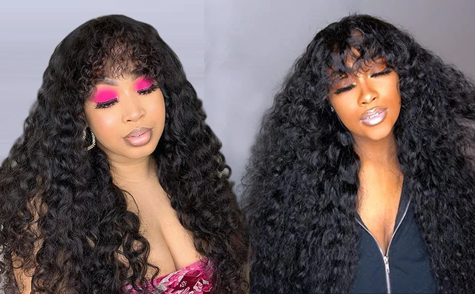 Glueless Water Wave Wig With Bangs Black Women's Human Hair Wig Without Glue Fully Machine Made Wig With Bangs Kinky Curly Wig