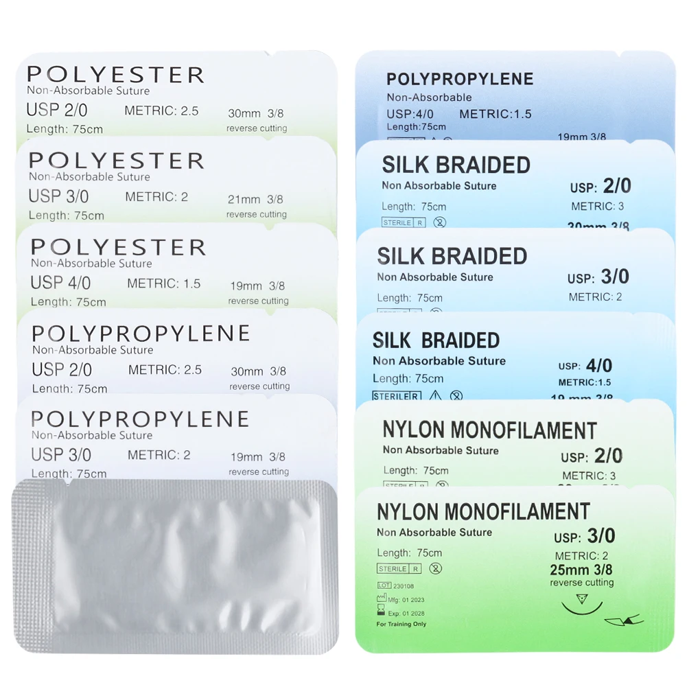 2/0 3/0 4/0 Medical Monofilament Thread Nylon Silk Polypropylene Polyester Medical Dental Sutures for Medical Students Education