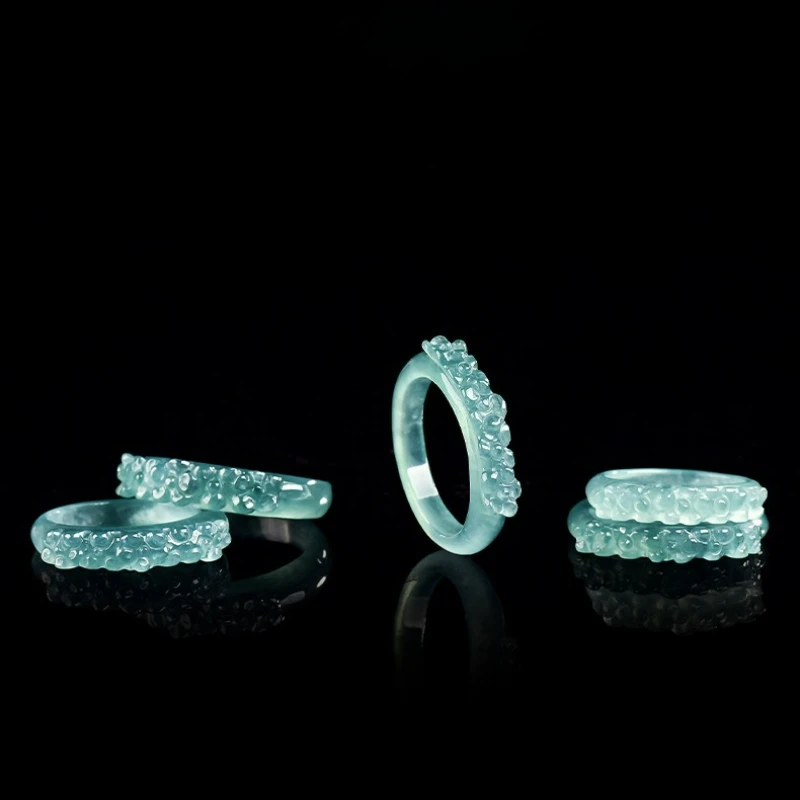 Anillo de Jadeíta Natural de Grado A, Color Azul Agua, con Diseño Tridimensional de Flor de Durazno, Jade de Hielo, Accesorio para Parejas, Regalo para Hombre y Mujer