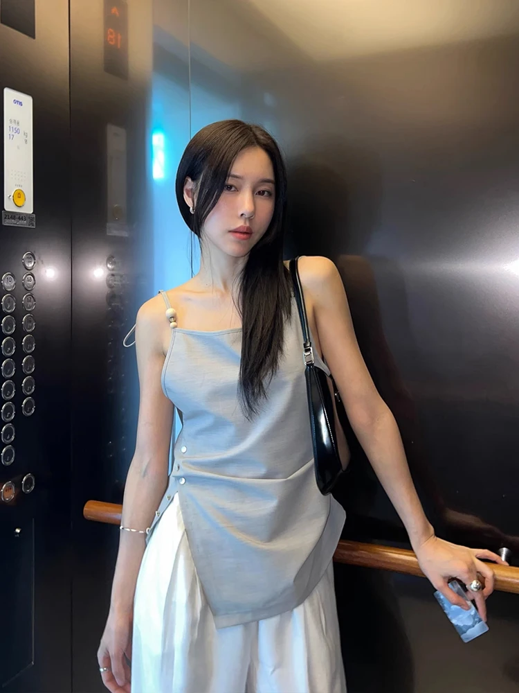 

Summer Chic Irregular Bal Vest Women's Strap Design Sensual Small ence T-irt Casual Comfortable Loose Fit Pure Color