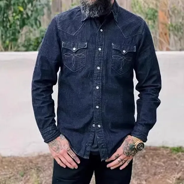

Classic Retro American Western Casual Men's Washed Pure Cotton Original Color Denim Shirt Slim Fit Fashion Urban Style Daily ...