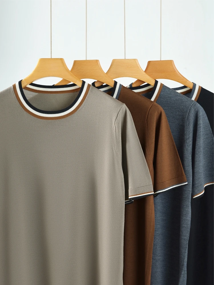 100% Merino Wool Men O-neck Sweater Short Sleeve Pullovers Spring Summer Color Block Smart Casual Cashmere T-shirt Knitwear Tops