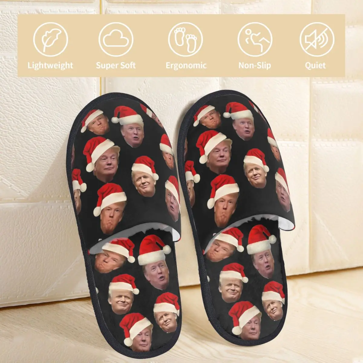 Donald Trump Christmas Funny Home Cotton Slippers Bedroom MAGA Santa Xmas Soft Household Fur Slides Slippers Anti-skid