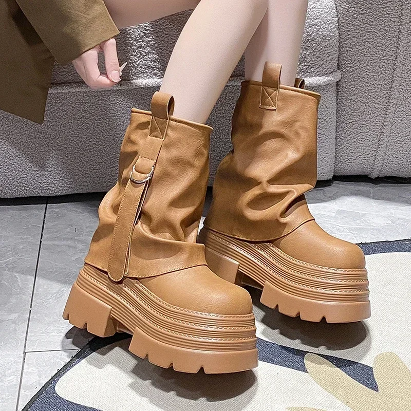 10CM Women's High Platform Warm Fur Motorcycle Boots Punk Buckle Strap Combat Booties Woman Thick Bottom Plush Mid Calf Boots