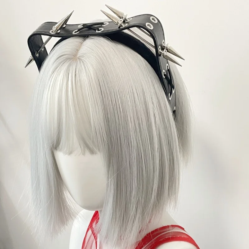 Subculture Y2K 하라주쿠 헤어 후프 Steampunk 고딕 로리타 펑크 다크 고양이 소녀 머리띠 쿨 리벳 가죽 헤어 밴드 액세서리