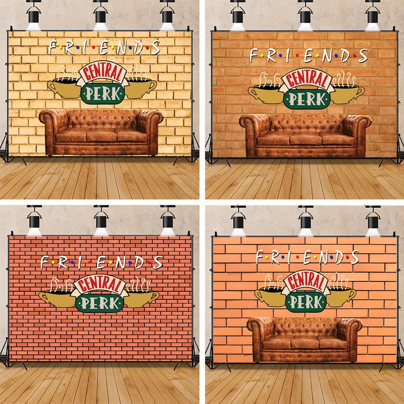 

Friends Central Perk Backdrop Red Brick Wall Retro Pub Sofa and Coffee For 80s 90s Birthday Party Decoration Portrait Photoshoot