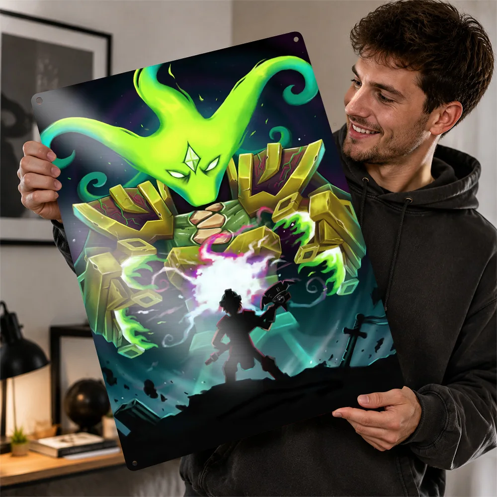 Hero Facing Glowing Stone Golem Printed Poster Fantasy Wall Art For Gaming Room Personalized Aluminum Metal Sign Fan Gift Idea