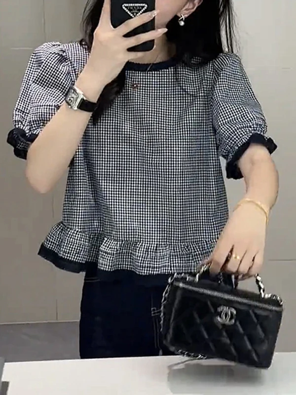 plus Size Women's irt Summer 2025 Plaid ort Sve Loose Belly Cover Sli Commute Korean Sle Bubble Sve Regular L...