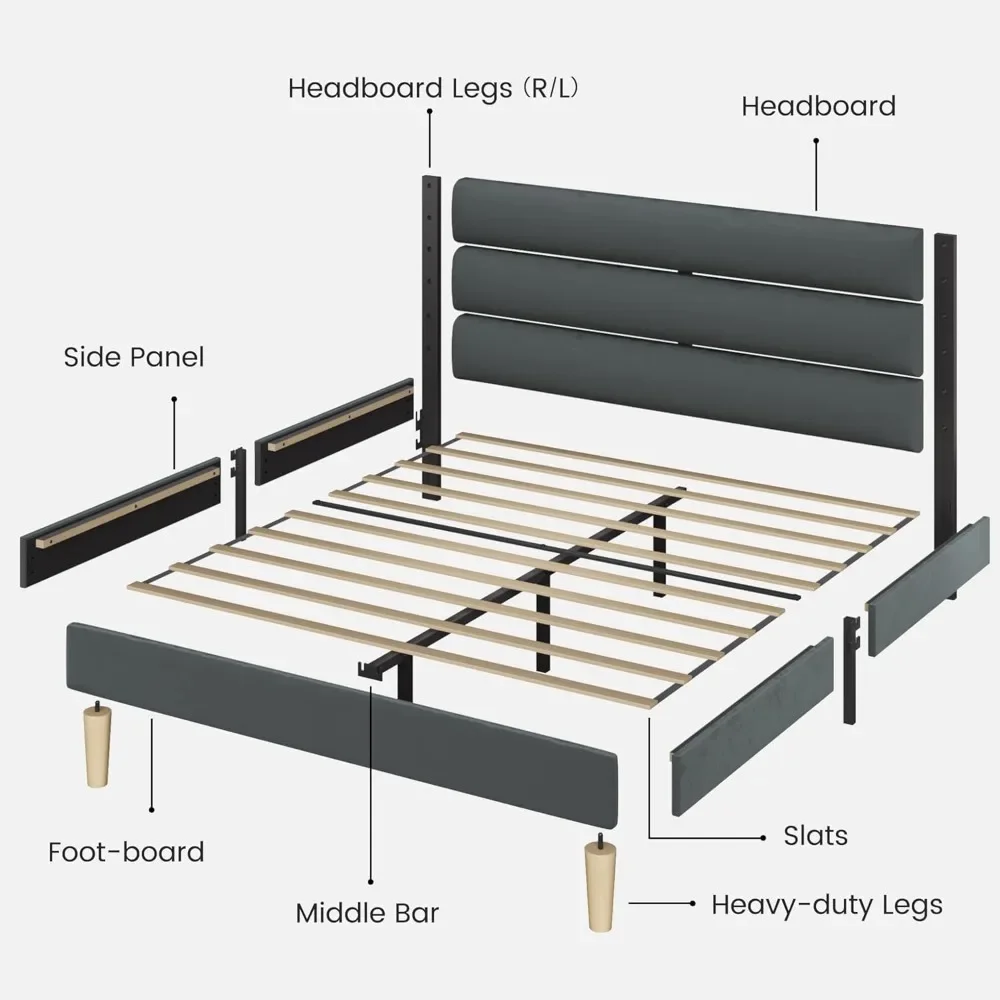 Bed Frame, Platform Bed Frame with Velvet Upholstered Headboard, No Box Spring Needed, Sturdy Metal Support, Noise Free image 6