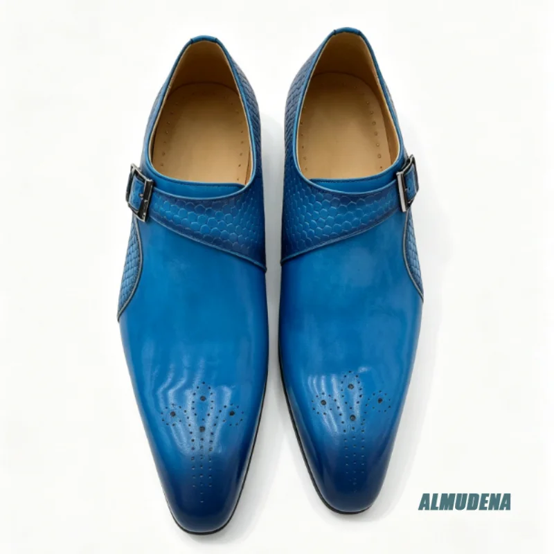 Classic Men Buckle Monk Dress Shoes Embossed Honeycomb Splicing Brogue Pointed Toe Wedding Banquet Business Office Formal Shoes