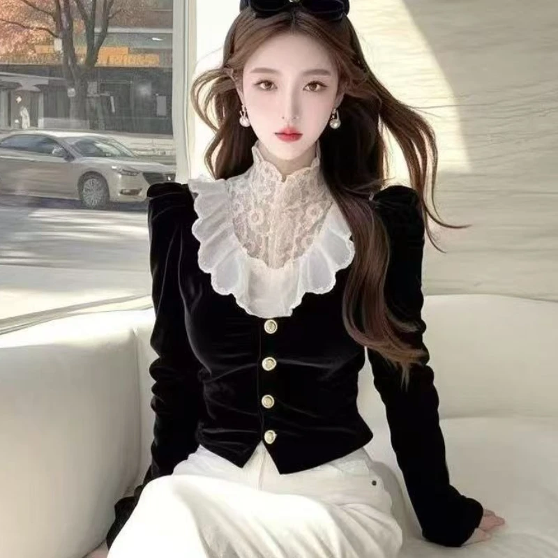 

French Style Women Spring Fall Women Lace Patchwork Ruffles Black Velvet Top Shirt , Woman Clothes Velour Tops Shirts