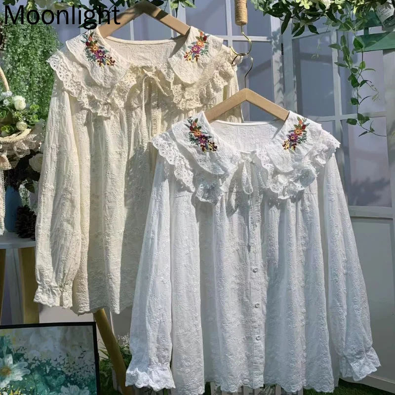 Vintage Embroidery White Shirt Women Japanese Kawaii Peter Pan Collar Mori Girl Blouses Elegant Lace-Up Cotton Long Sleeve Tops