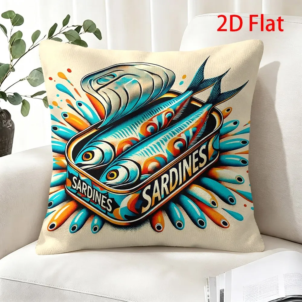 Vintage Sardines Fish Pillowcase, Retro Seafood Art Cushion Cover, Colorful Marine Life Home Decor, Square Throw Pillow Case
