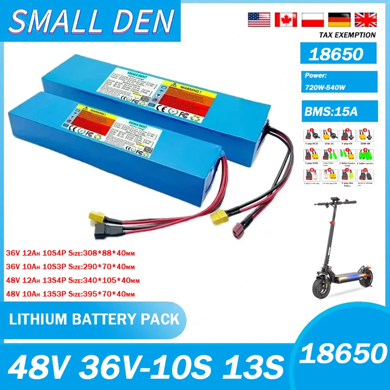 High power balanced BMS built-in battery 36V 48V 10Ah 12Ah 18650-10S/13S-3P/4P 0-800W electric scooter tax-free