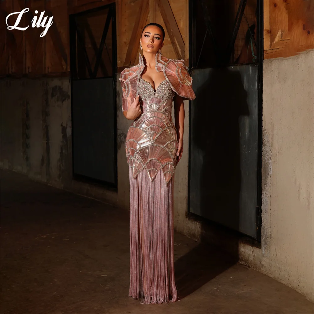 Lily Rose Gold Prom Dresses Stand Collar 3D Fan Shape Evening Dress Fringe Mermaid Party Dress Luxury Robe De Soirée Customized