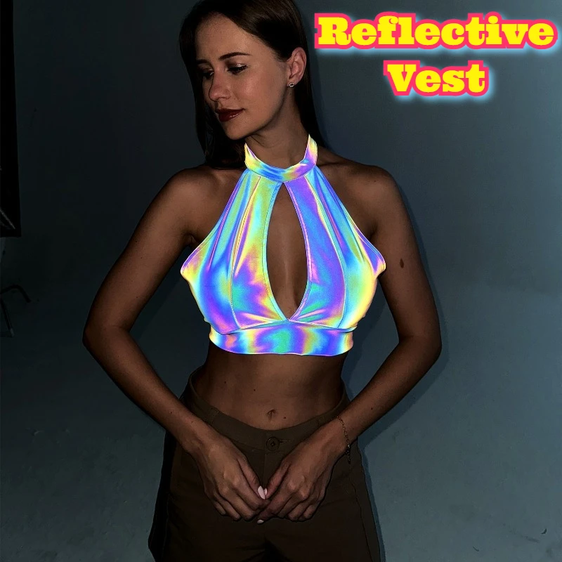 

New Reflective Cami Top Women's Iridescent Bustier Reflective Sleeveless Shirt Halter Neck Top Sexy Tops Outerwear Streetwear