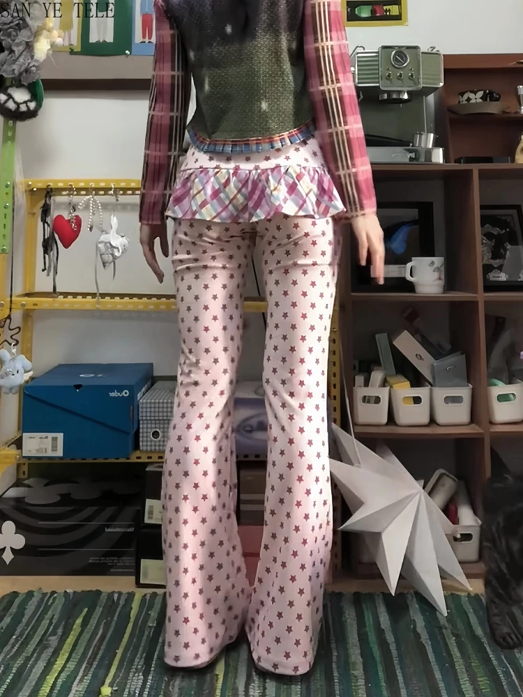 Spodnie w stylu college, urocze, Y2K, długie, damskie, jesienno-zimowe, imitacja dwóch części, spodnie z niskim stanem i rozszerzaną spódnicą, moda Kpop z lat 2000, gyaru.