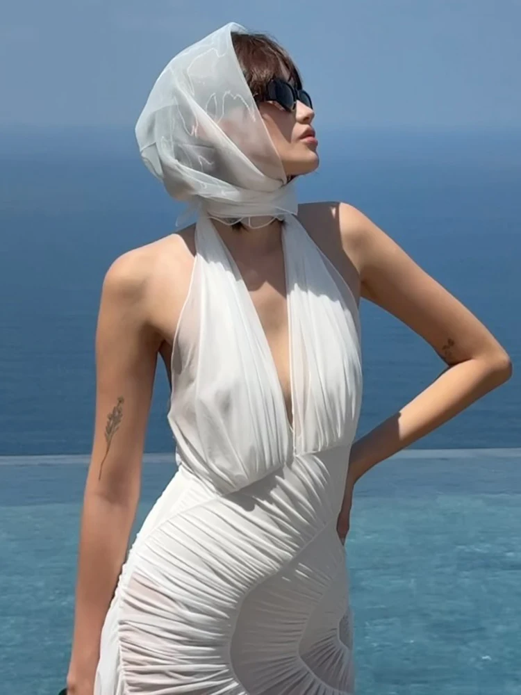 Gala Dreamy Glamour Sheer White Ruffle Halter Backless Dress para Gardem Party Sexy Dress