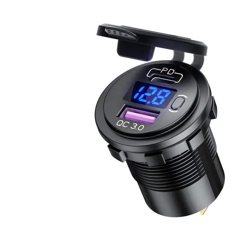 USB C Car Charger Socket 12V/24V Dual USB Socket PD3.0 QC3.0 Car USB Port With LED Voltmeter And On/Off For Motor Boat Truck