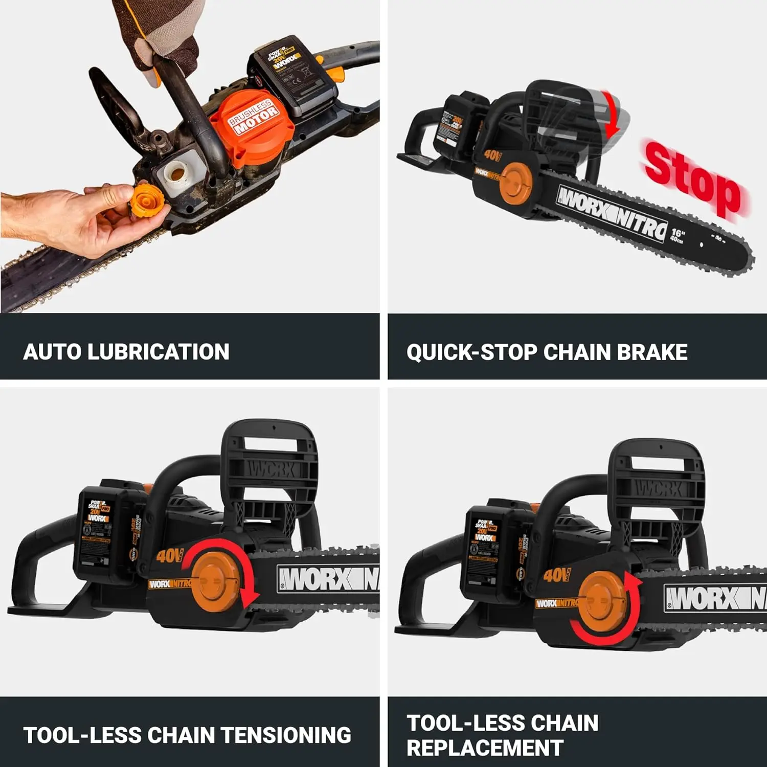 Worx Nitro 40V 16 "akumulatorowa piła łańcuchowa WG385 Power Share piła łańcuchowa 59 stóp/s podwójna ochrona bezpieczeństwa, elektryczna Cha