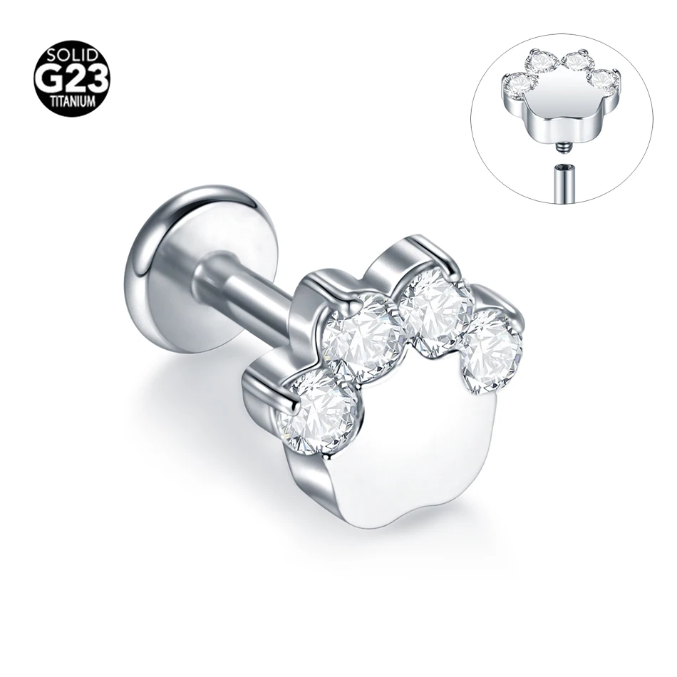 1Pc G23 Titanium Internal Thread Labret Lip Stud Cat Paw Shape Zircon Top Ear Stud Cartilage Tragus Helix Piercing Body Jewelry
