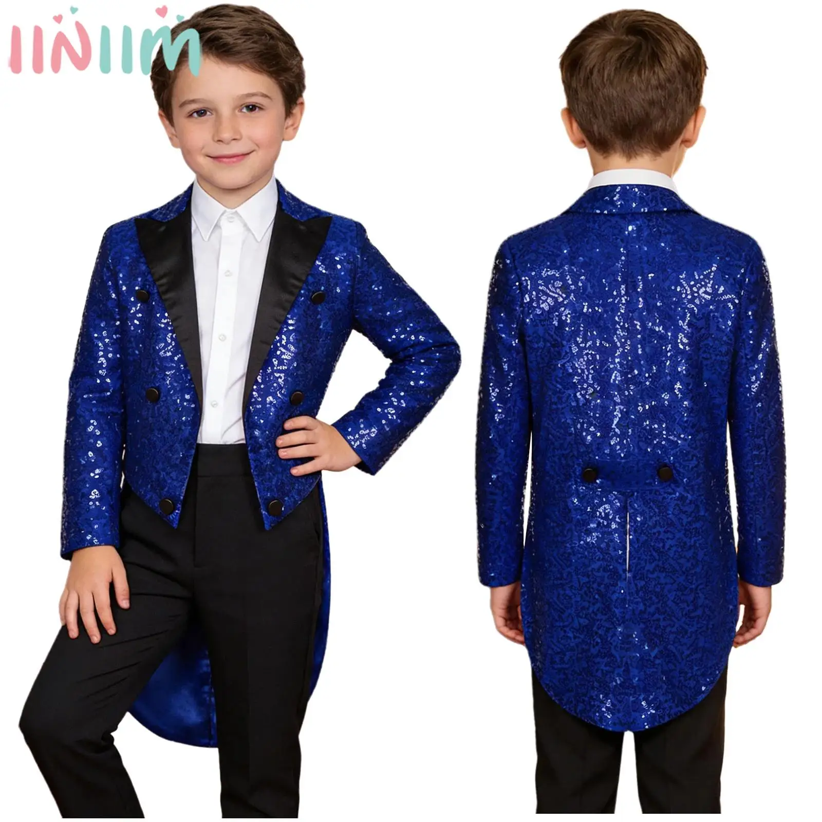 

Children Boys Long Sleeve Shiny Sequin Gentleman Blazer Tuxedo Coat for Circus Magic Shows Prince Cosplay Wedding Party Dancing