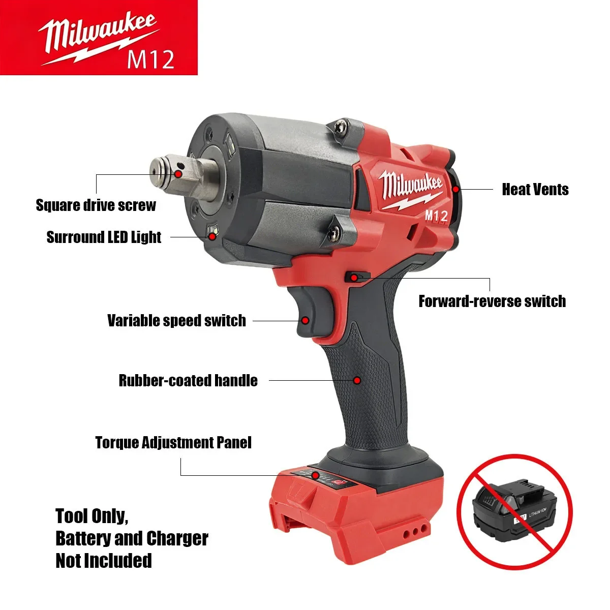 Milwaukee M12 Brushless 1/2-Inch Impact Wrench High Torque 700N.m Electric Auto Repair Tool with Stepless Speed Control