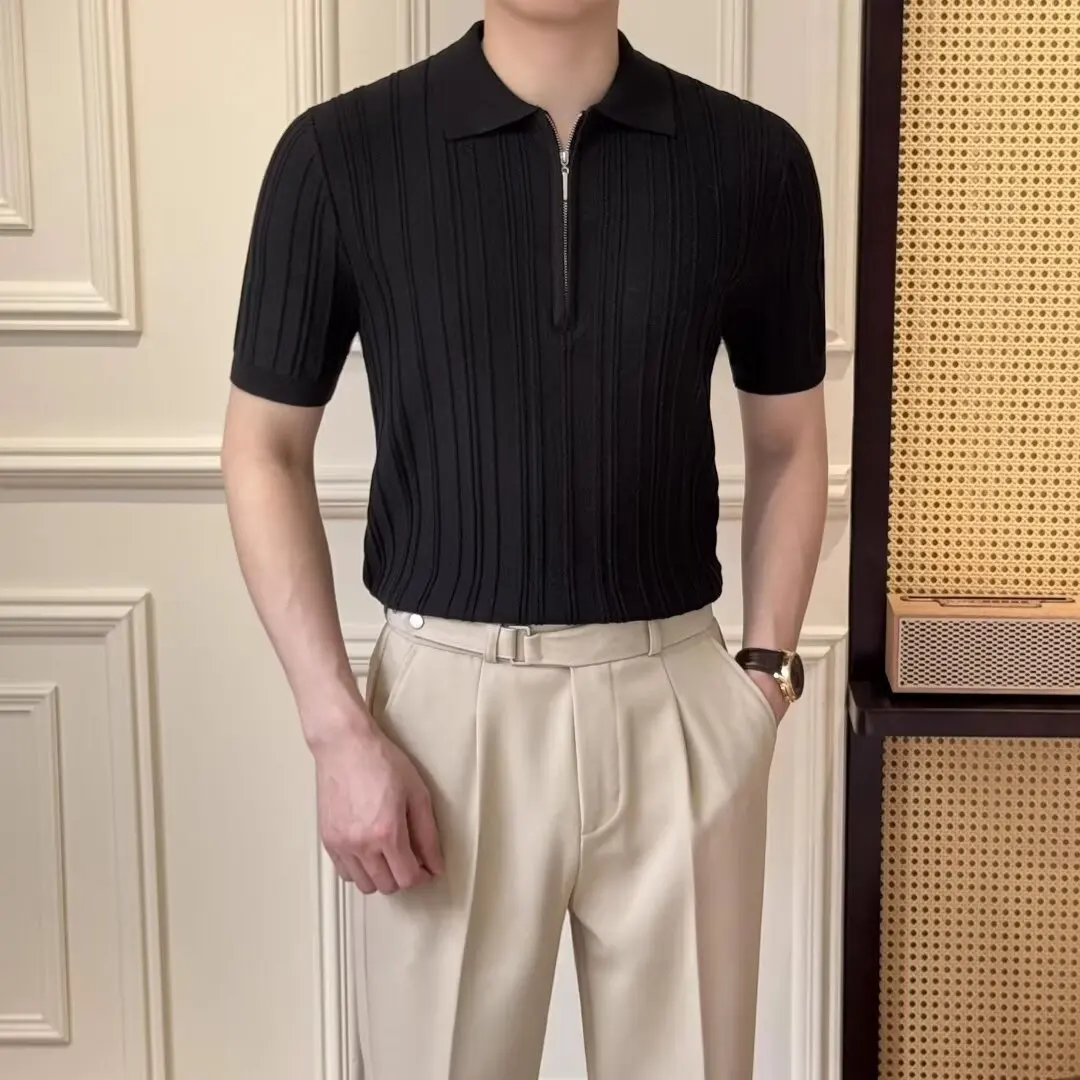 Summer Half-Zip Lapel Slim Short Sleeve Knit Polo Shirt Men's Business Casual Top