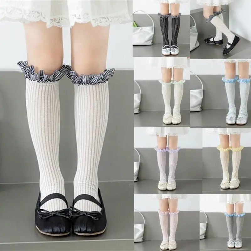 

H55B Fashionable Checkered Under Knee Socks Girls Soft Lace Accent Long Tube Socks