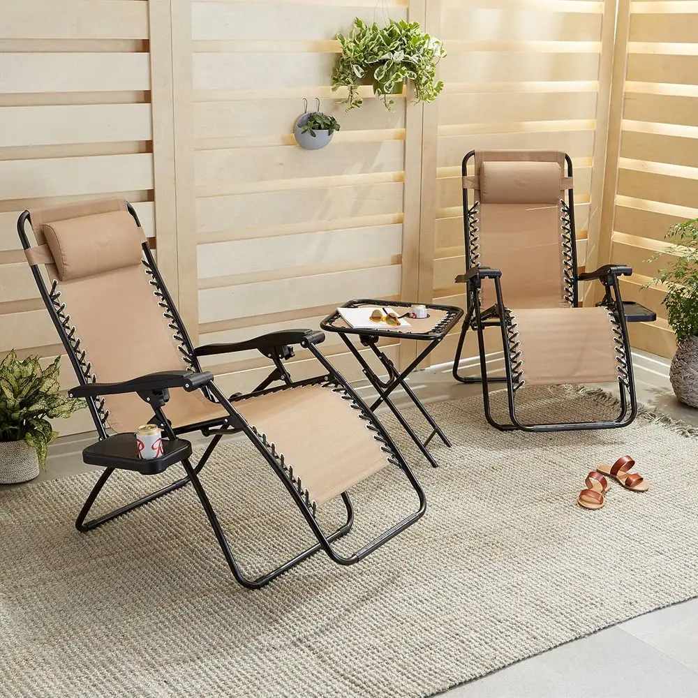 2-Piece Beige Outdoor Zero Gravity Recliner Set with Side Table, 35x26x43