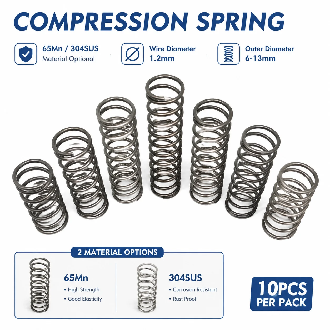 

10pcs 304SUS&65MN precision compression springs,WD 1.2mm,OD 6-13mm,Length 10-100mm,suitable for industrial and DIY small springs