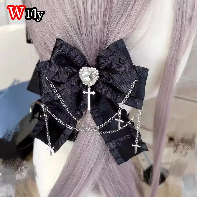 Women's Harajuku Steampunk Handmade Headwear Subculture Japanese Spicy Girls Lolita Y2K Gothic bow chain Cross pendant Hairpins