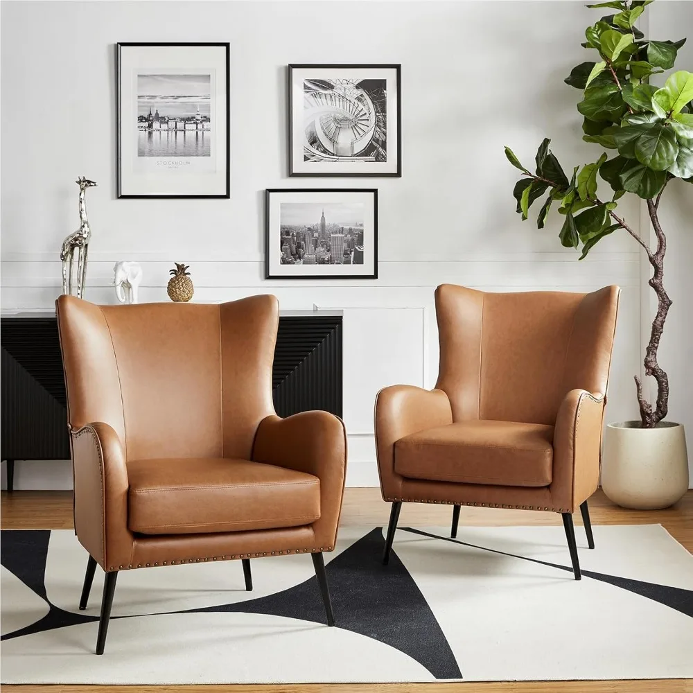 

HULALA Home Faux Leather Accent Chair Set of 2 w/Removable Cushion, Comfy Upholstered Armchair with Metal Legs & Nailhead Trim W