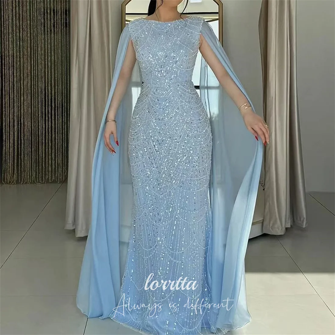 

Lorrtta Chiffon Boat Neck Sky Blue Mermaid Evening Dress 2026 Prom Dress Custom Made Sequined Customized Robes de Soirée