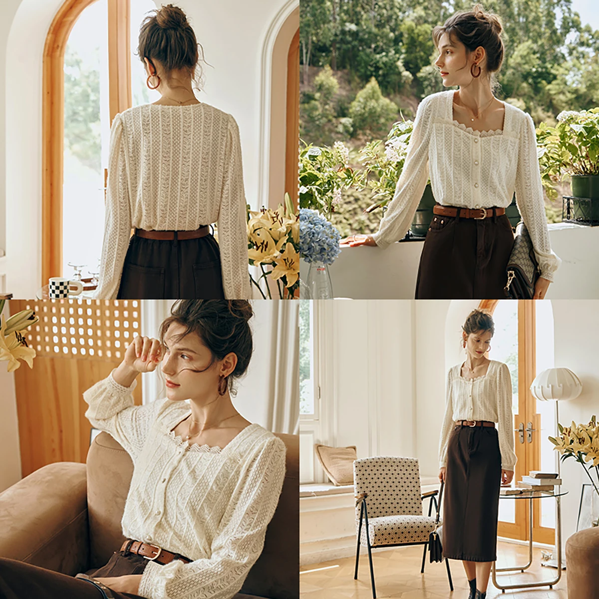 OLrain Romige Abrikoos Kant Chiffon Shirt Dames Herfst 2025, Franse Vierkante Hals Elegante Blouse Kantoor Dagelijkse Slijtage Top O57QX85513