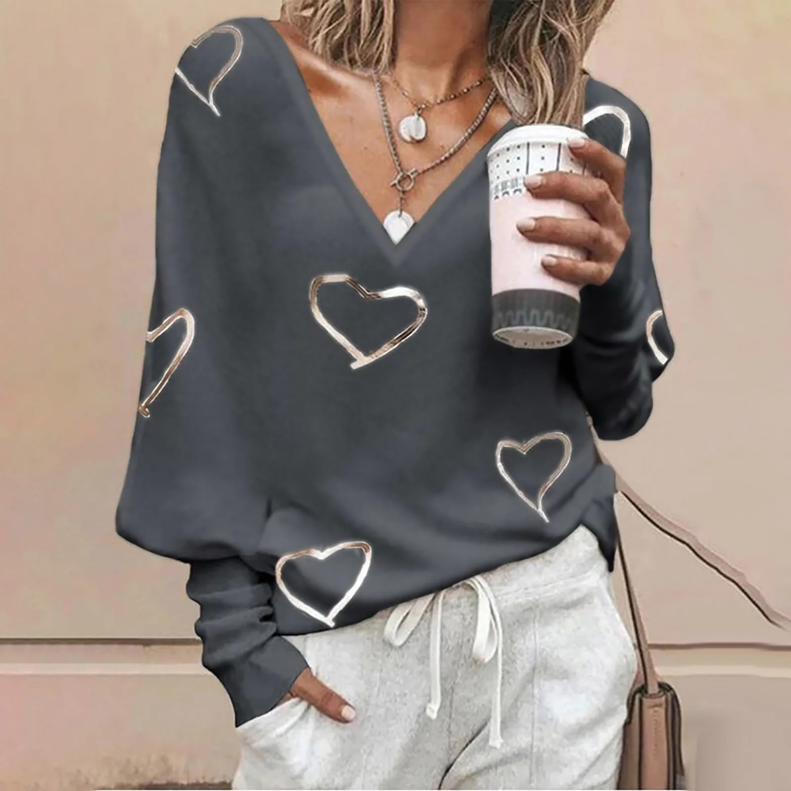 Elegant Heart Bronzing Print V-Neck Women Blouse Summer Long Sleeve Pullover Ladies Shirts Casual Loose Femme Streetwear Blusa