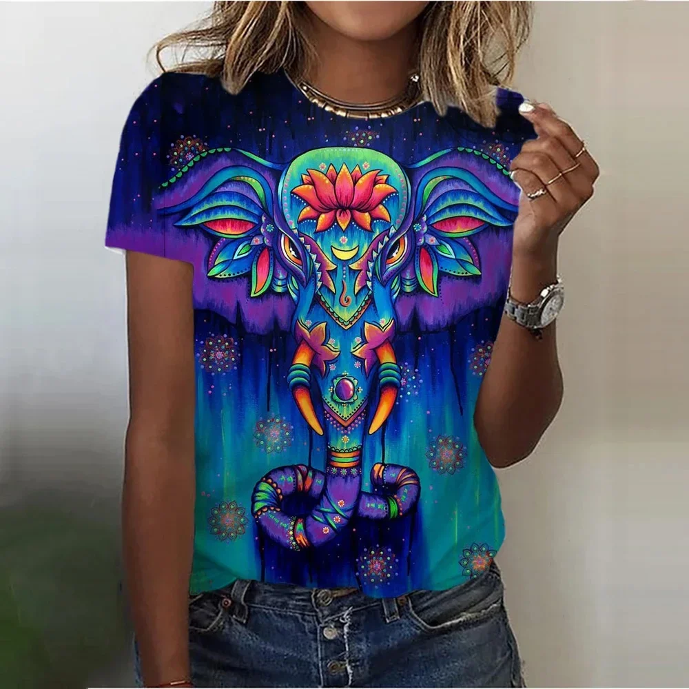 

Vintage Woman Blouses T-shirt Women's 3d Colorful Holy Elephant Print O-Neck T Shirt Female Clothing Oversized Summer Tops Tees