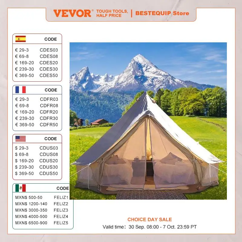 VEVOR Camping Tent 3-7m Waterproof Cotton Canvas Bell Tent Outdoor 4 Seasons Family Party Picnic Yurt W/ Stove Hole4-12 Person