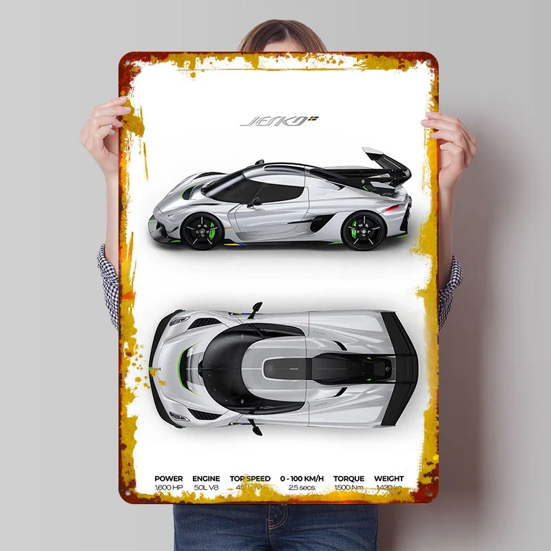Super Sports Car Jesko Super Metal Poster Customized Wall Art Retro Vintage Metal Signs for Man Cave Bar Accessories House Room